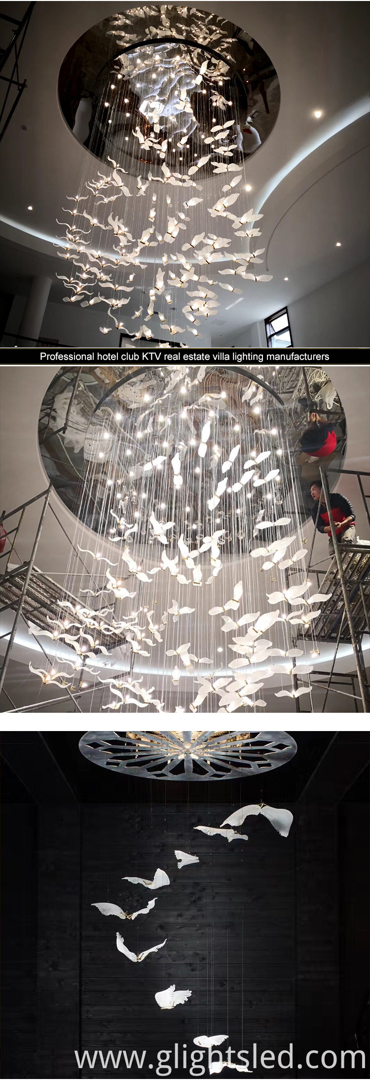 Modern style custom designed bird shaped decorative glass led chandelier light